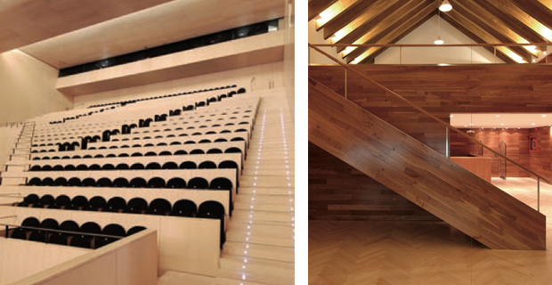 Foto in alto: a sinistra, Auditorium di Castellón (Spagna), Carlos Ferrater; a destra, carpenteria in legno di ciliegio americano.