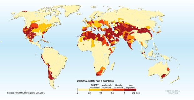 Mappa globale dei paesi sottoposti a problemi inerenti alla scarsità dell’acqua. Fonte, UNEP - United Nations Environment Programme