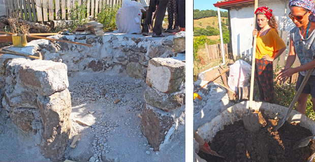  a sinistra, il muro che a basamento della cupola; a destra, l’impasto di terra e acqua.