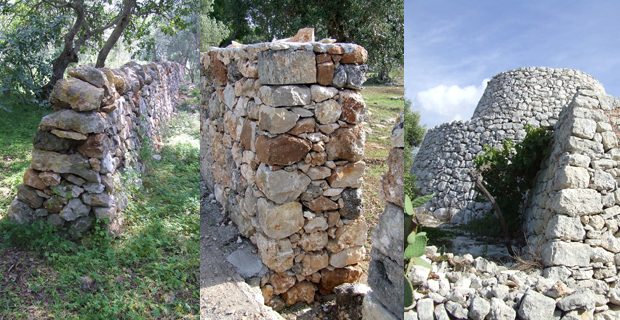  A sinistra un muro a secco di confine con struttura rastremata, al centro un muro a secco con struttura non rastremata, a destra una tipica struttura a secco pugliese (detta pagghiaro) in cui il muro diventa elemento strutturale.