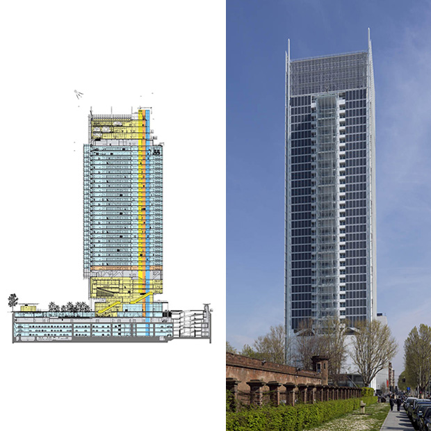  A sinistra, sezione longitudinale del grattacielo Intesa Sanpaolo di Renzo Piano, © RPBW; a destra, Ph. Enrico Cano. 