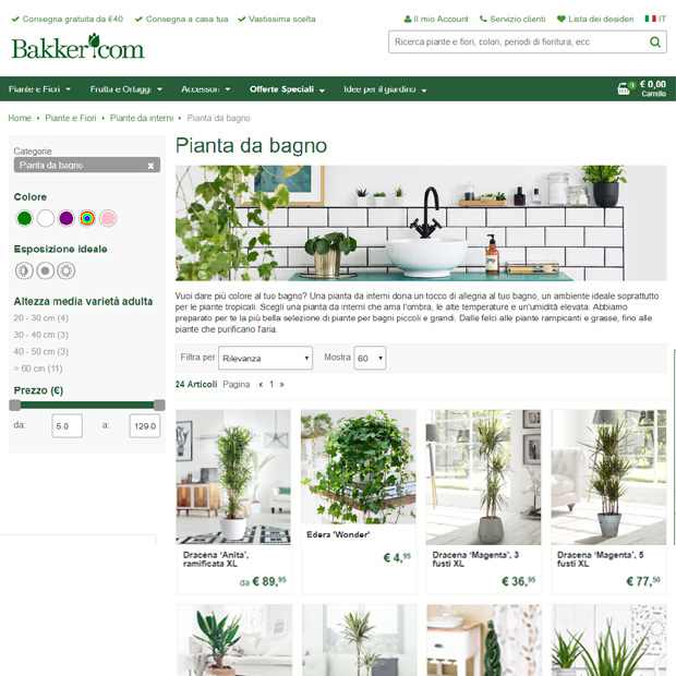 Il sito Bakker per la vendita di piante da appartamento.