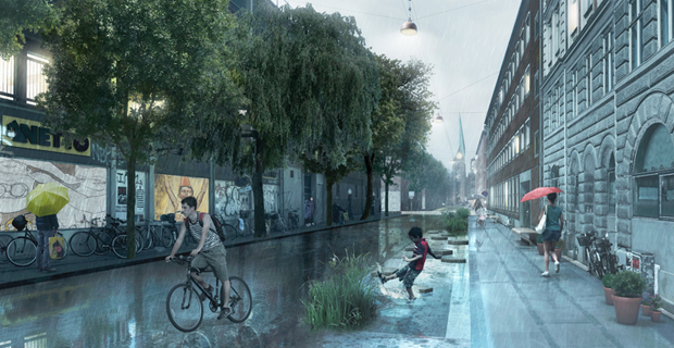 Il rain garden del parco urbano di Copenhagen per la raccolta dell'acqua piovana