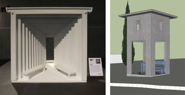 A sinistra, la pensilina di Amateur Architecture Studio; a destra, il progetto di Alexander Brodsky.