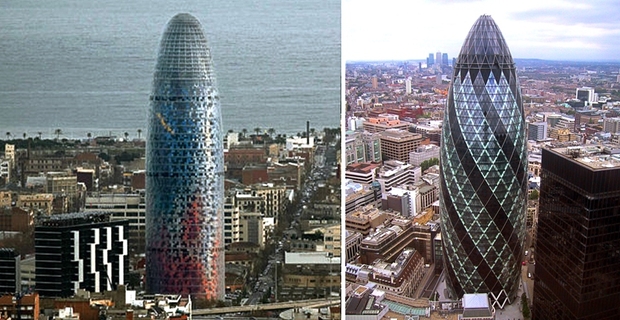 Jean Nouvel, Torre Agbar e Norman Foster, 30 St Mary Axe - soprannominato The Gherkin