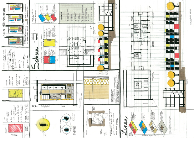  Impaginato per l'esame di abilitazione per architetto: Casa a schiera + in linea, Tema Pescara I sessione 2005, tavola Arch. Eleonora Maggi