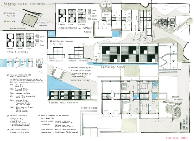  Tavola di progetto per esame di stato: Case a schiera con terreno in pendenza, Tema Milano I sessione 2001, Arch. Roberta Re Dionigi. 