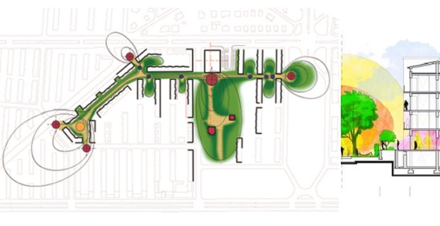 caption: Il masterplan elaborato dal gruppo G124 per il Giambellino di Mialno; è stato da loro denominato “mending plan” (“piano di rammendo”) perché è a tutti gli effetti uno schema di ricucitura urbana -a scala di quartiere- delle diverse parti, oggi separate e segregate. Foto da www.g124giambellino.com 