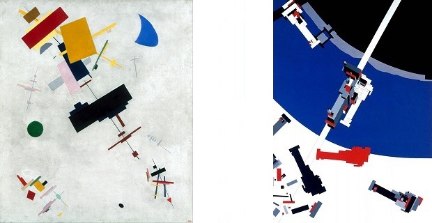  a destra dipinto “Il Suprematismo” di Kazimir Malevich (1915); a destra pittura “Malevich’s Tektonic” di Zaha Hadid. © Zaha Hadid Architects