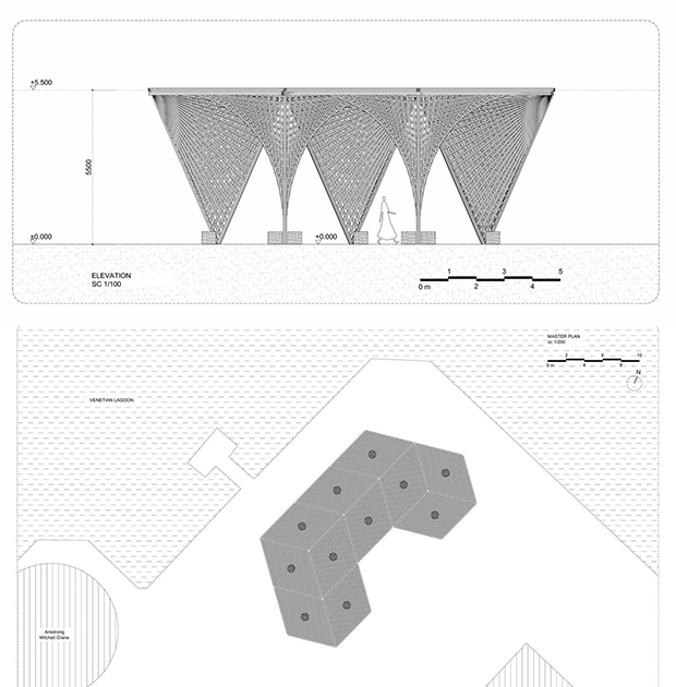 I disegni del progetto del padiglione Bamboo Stalactite per la Biennale di Venezia