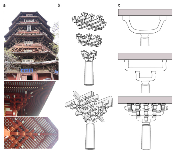  (a) mensole Dougong dalla Cina (La Pagoda Sakyamuni del Tempio Fogong, 1056 d.C.) e Giappone (tempio Sensoji, 628 d.C.); (b) assemblaggio tipico delle mensole Dougong; (c) schema della forma astratta di mensola come capitello di colonna sostituito da mensole autobloccanti per aumentare la rigidità e trasferire il carico del tetto in modo sequenziale alla colonna. (fonte:  Tree inspired dendriforms and fractal like branching structures in architecture: A brief historical overview).