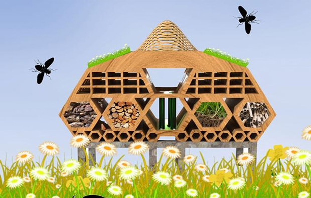 caption: Uno dei progetti di bug hotel del concorso Beyond the Hive Competition a Londra.