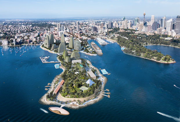 La vista del porto di Sydney con il Garden Island dello studio LAVA.