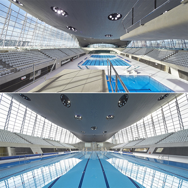 Due vasche dell'Aquatics Centre di Zaha Hadid a Londra.