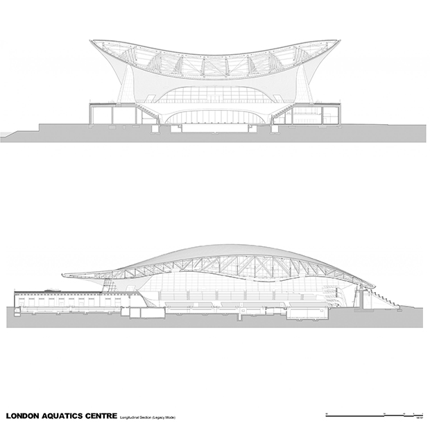 I grafici di progetto dell'Aquatics Centre di Zaha Hadid a Londra.