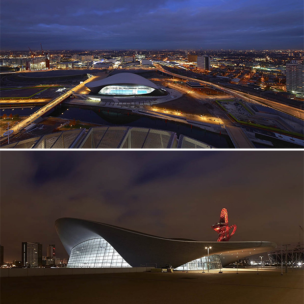 Vista notturna dell'Aquatics Centre di Londra.