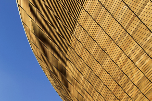 Il rivestimento esterno in legno di cedro del Velodromo Londra 2012.