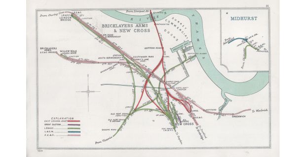  Una mappa del 1914 delle linee che convergono verso la zona della London Bridge Railway Station.