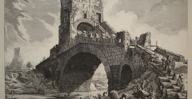 Veduta del Ponte Salario. Bellissima incisione all'acquaforte e bulino incisa e pubblicata da Giovanni-Battista Piranesi nel 1754. Rappresenta l'antico Ponte Salario in Roma, fu costruito dagli etruschi e si pensa sia il Ponte dove i Romani passarono per andare a rapire le Sabine. Il Ponte oggi è ricostruito.