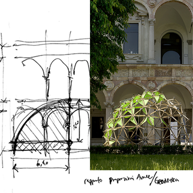 Microarchitettura in bambù: il progetto EcoDome, Milano 2009, schizzo dell’Architetto Cardenas e progetto costruito nel contesto della Corte del Filarete