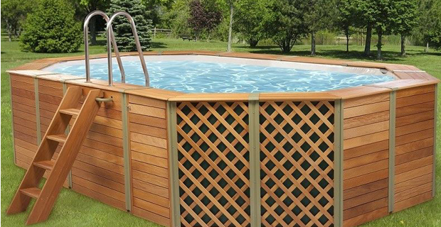 caption:Kit piscina fuori terra ottagonale in legno grigliato Evolution 550 di Poolmaster 