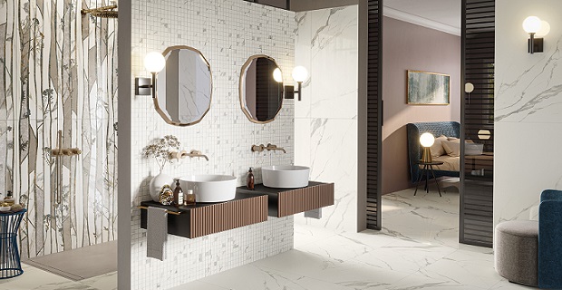 caption:I gres porcellanati effetto marmo per il bagno della collezione Majestic Pure Selection di Ceramiche Piemme.