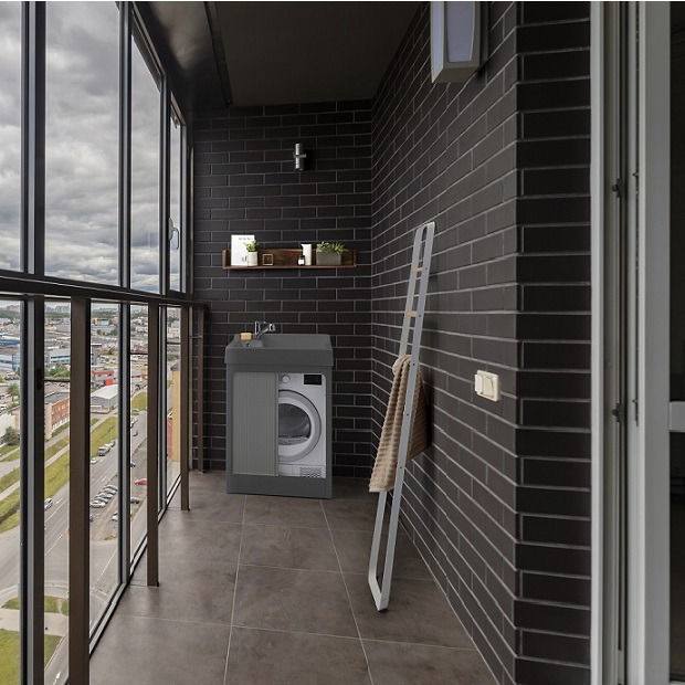 Soluzione lavanderia Lavacril On di Colavene in ABS metacrilato lucido, il materiale più adatto ai mobili da esterno a protezione della lavanderia sul balcone, in versione grigia.