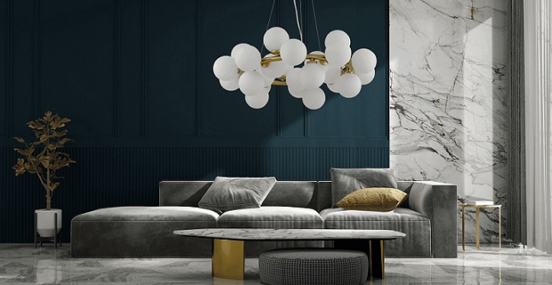 caption:Lampadario a corona con sfere di vetro bianco e struttura in ottone Marsiada W25