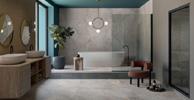 Lea Ceramiche Anthology gres effetto pietra lastre sottili per bagno di design con soffitto verde petrolio